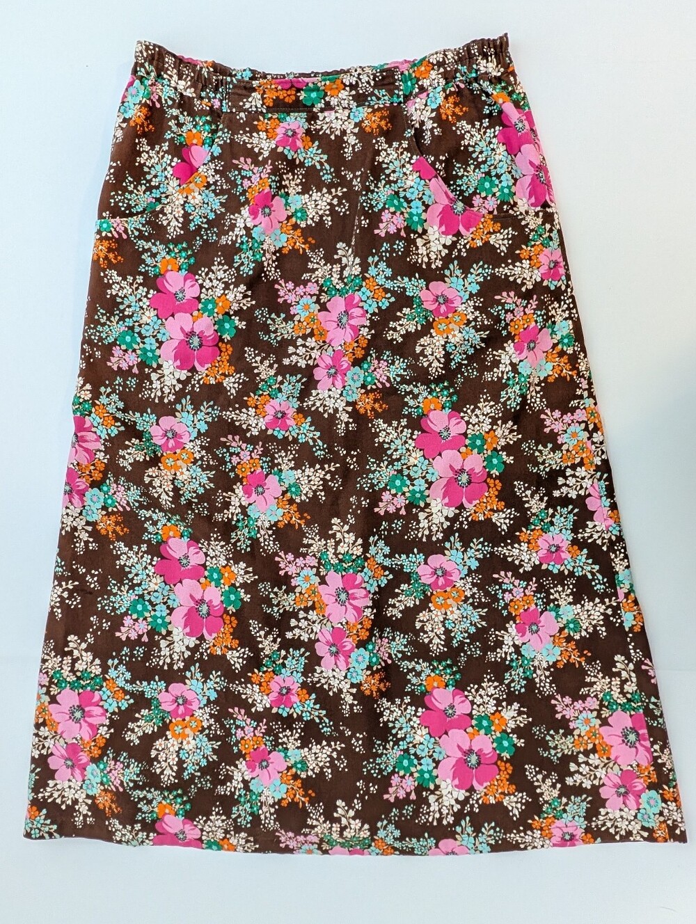 Vintage 1970s Floral Long Midi Skirt Brown And Pink Medium Handmade 70s